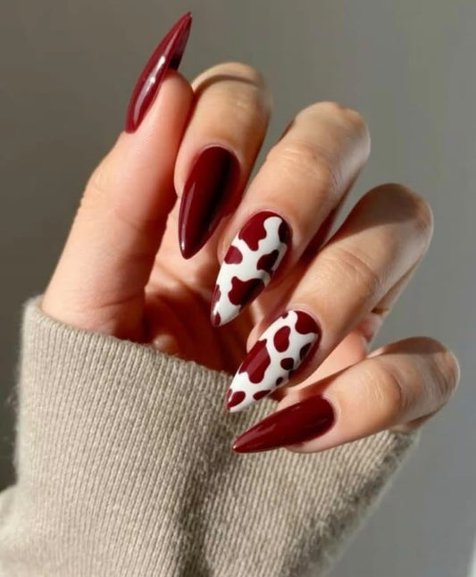 Burgundy Cow-Print Glam Press On Nails