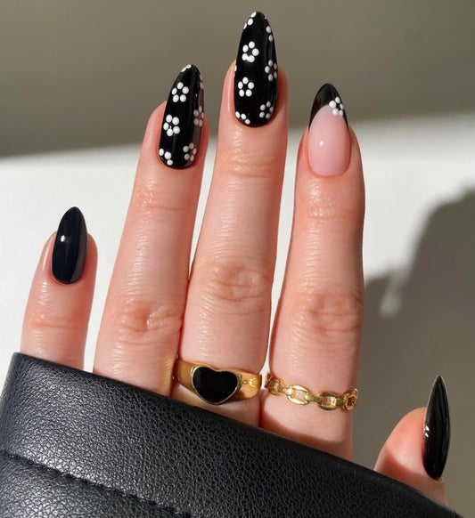 Black Floral Accent Press-On Nails