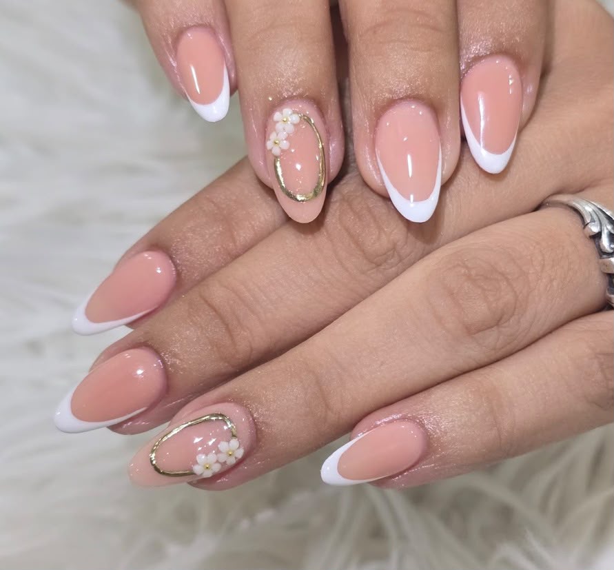 Classic French Tip Floral Frame Press-On Nails