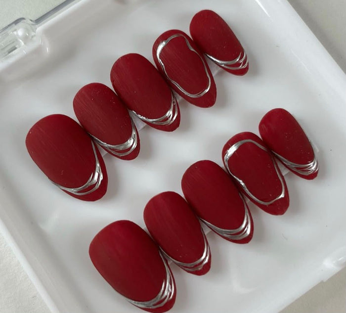 Matte Maroon Silver Chrome Press-On Nails