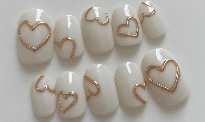 Milky White Gold Heart Press-On Nails