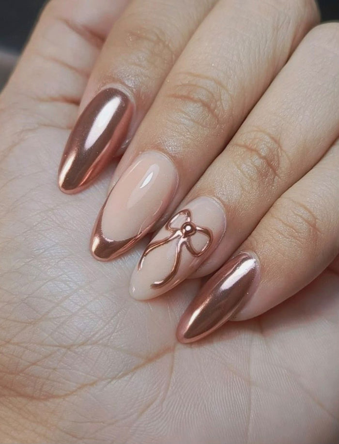 Rose Gold Chrome Ribbon Press-On Nails