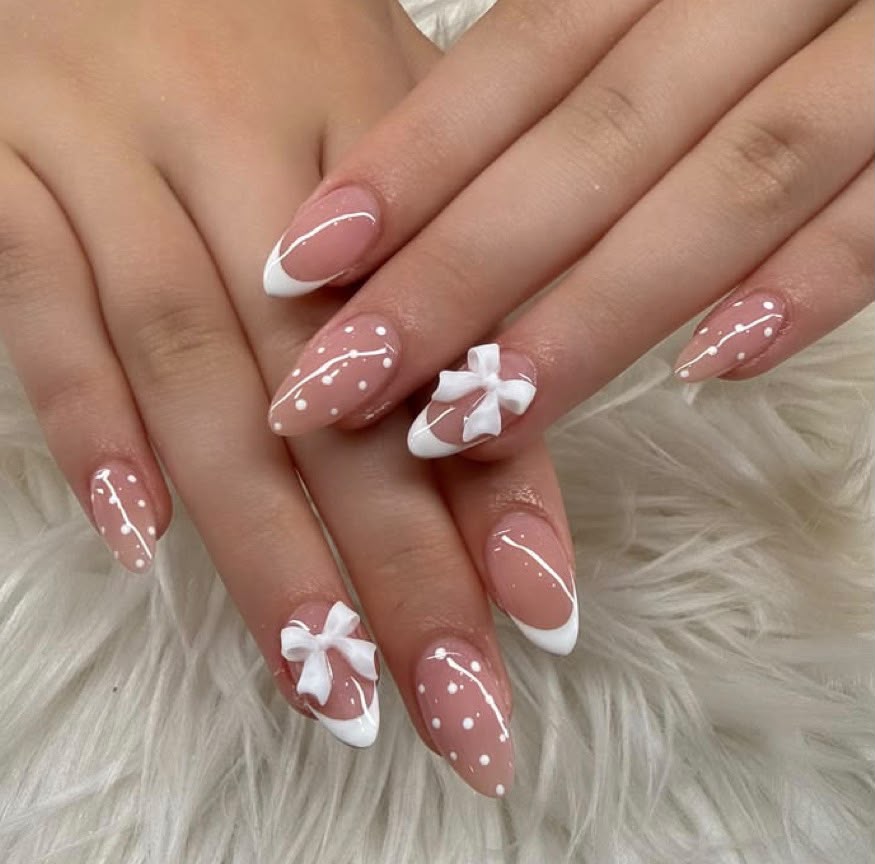 White Bow Polka Dots Coquette Press-On Nails