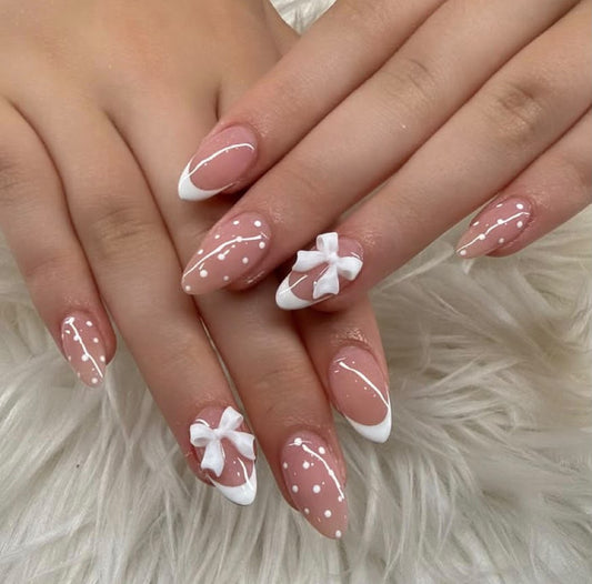 White Bow Polka Dots Coquette Press-On Nails