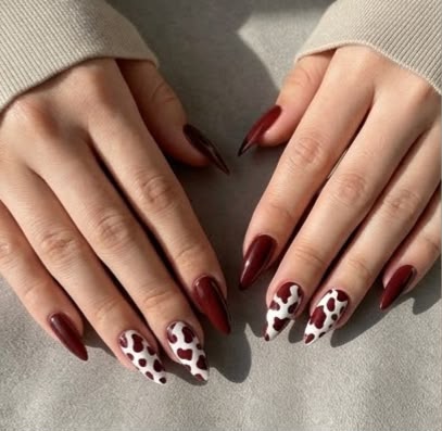 Burgundy Cow-Print Glam Press On Nails