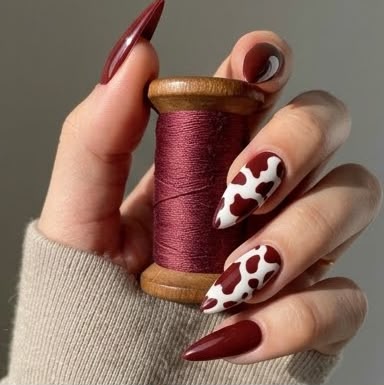 Burgundy Cow-Print Glam Press On Nails